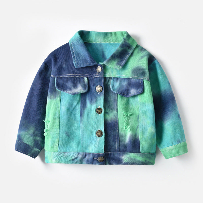 Children’s Multicolor Tie-Dyed Denim Jacket With Lapels And Long Sleeves