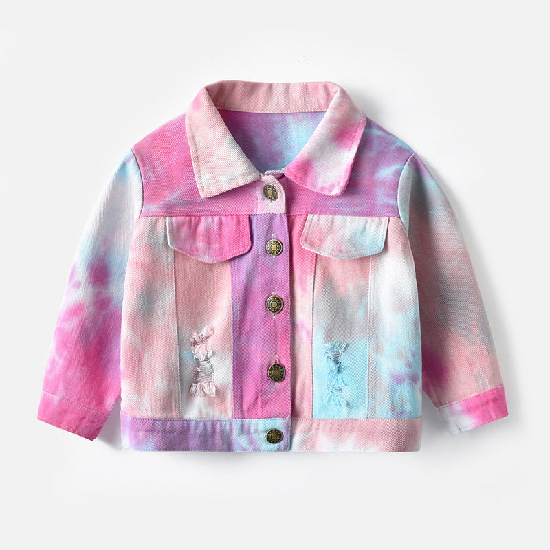 Children’s Multicolor Tie-Dyed Denim Jacket With Lapels And Long Sleeves