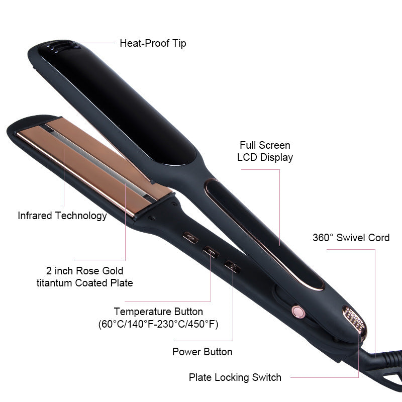 Cross-Border Exclusively For Lcd Display Infrared Hair Care Straightener Black Wide Plate Hair Straightener