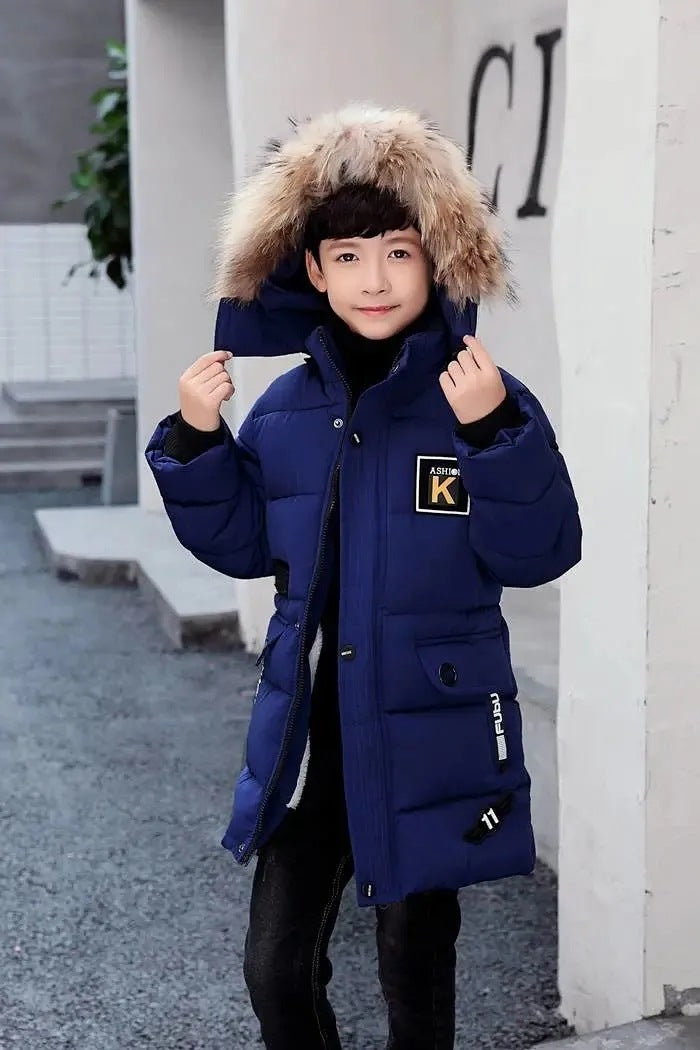 Children’s Hooded Cotton Coat With Fur Collar And Cotton Quilted Jacket