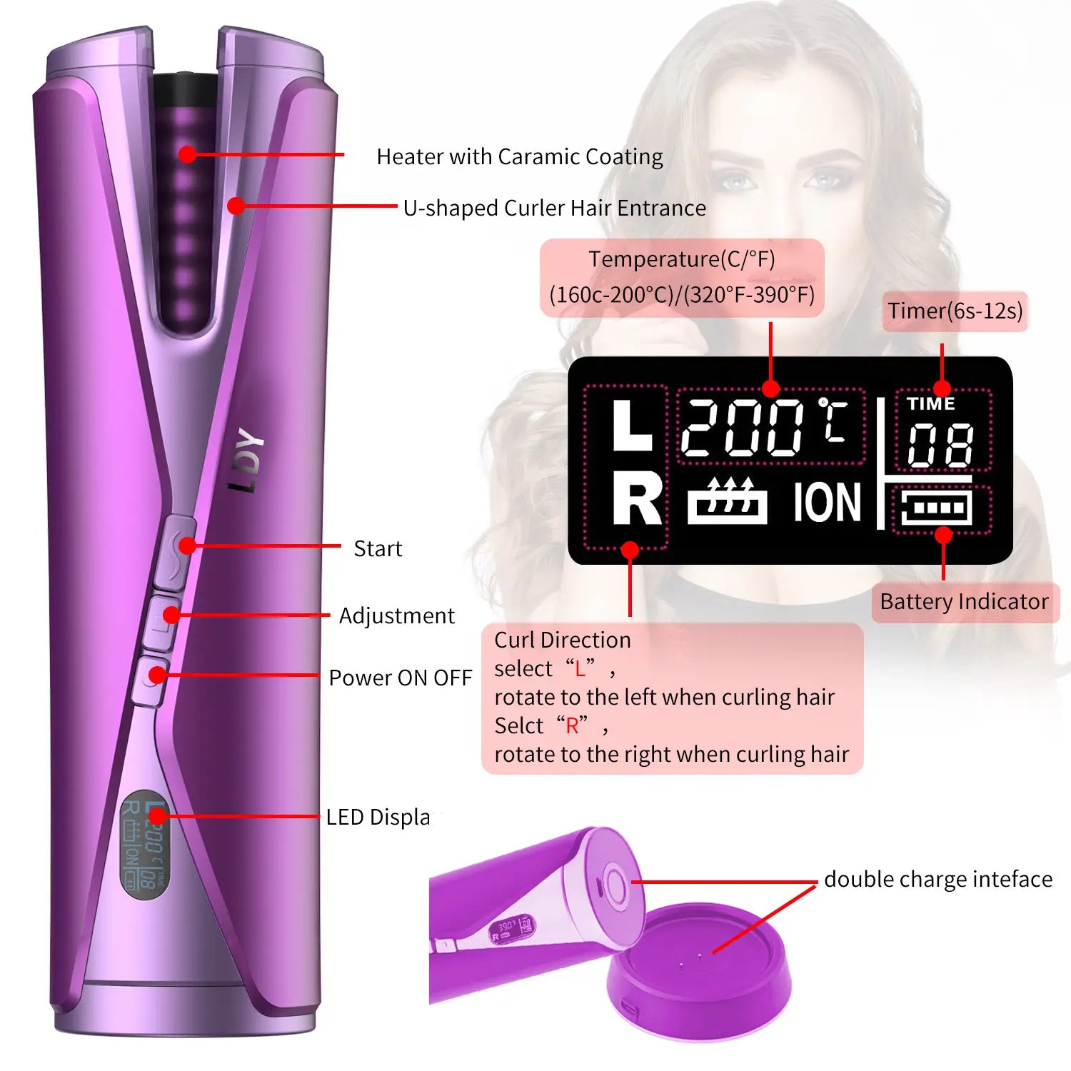 Multifunctional Automatic Curling Iron with Temperature Control and Wireless Charging