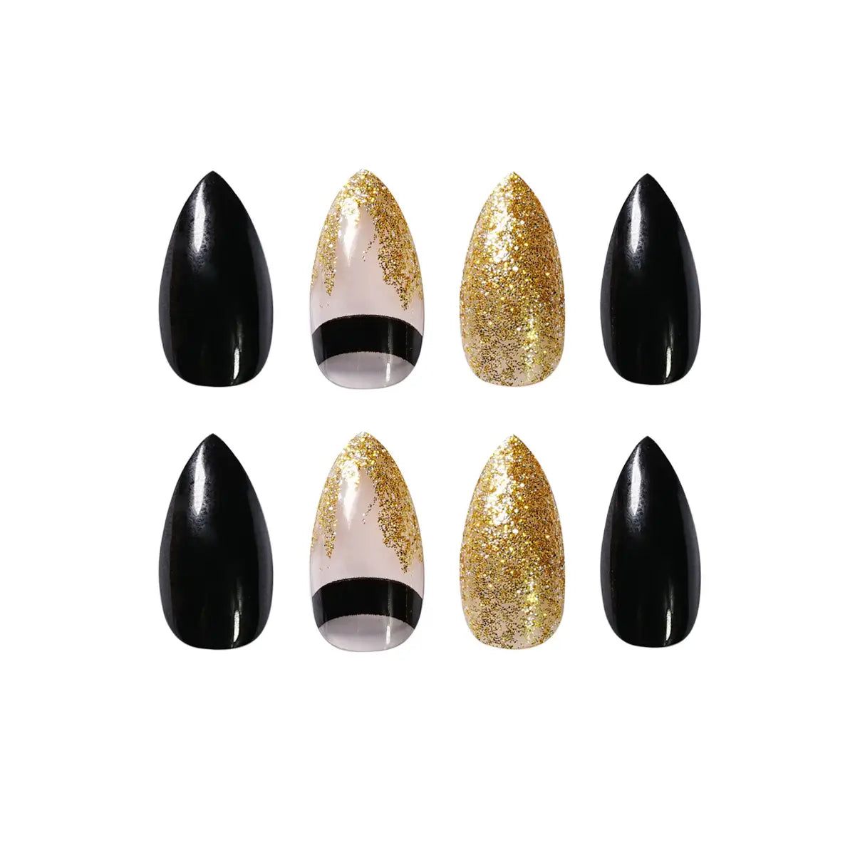 Gold Glitter Pointed Fake Nails Set for Wear 24 Pieces