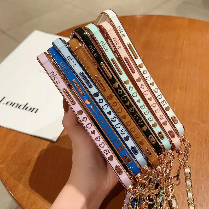 Electroplated Love Lanyard Phone Case for iPhone 11 12 8 with Anti-fall TPU
