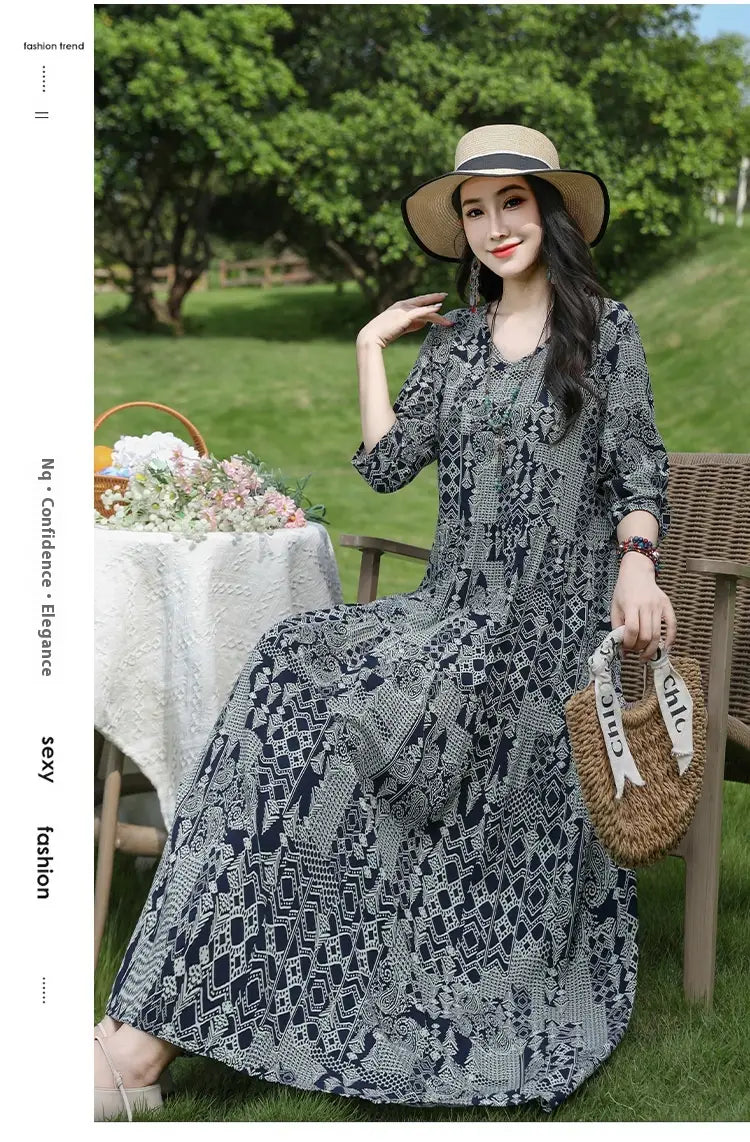 Plus-kokoinen Retro Art A-Line MIDI -hame Viscoosi Lyhythihainen mekko Naiset