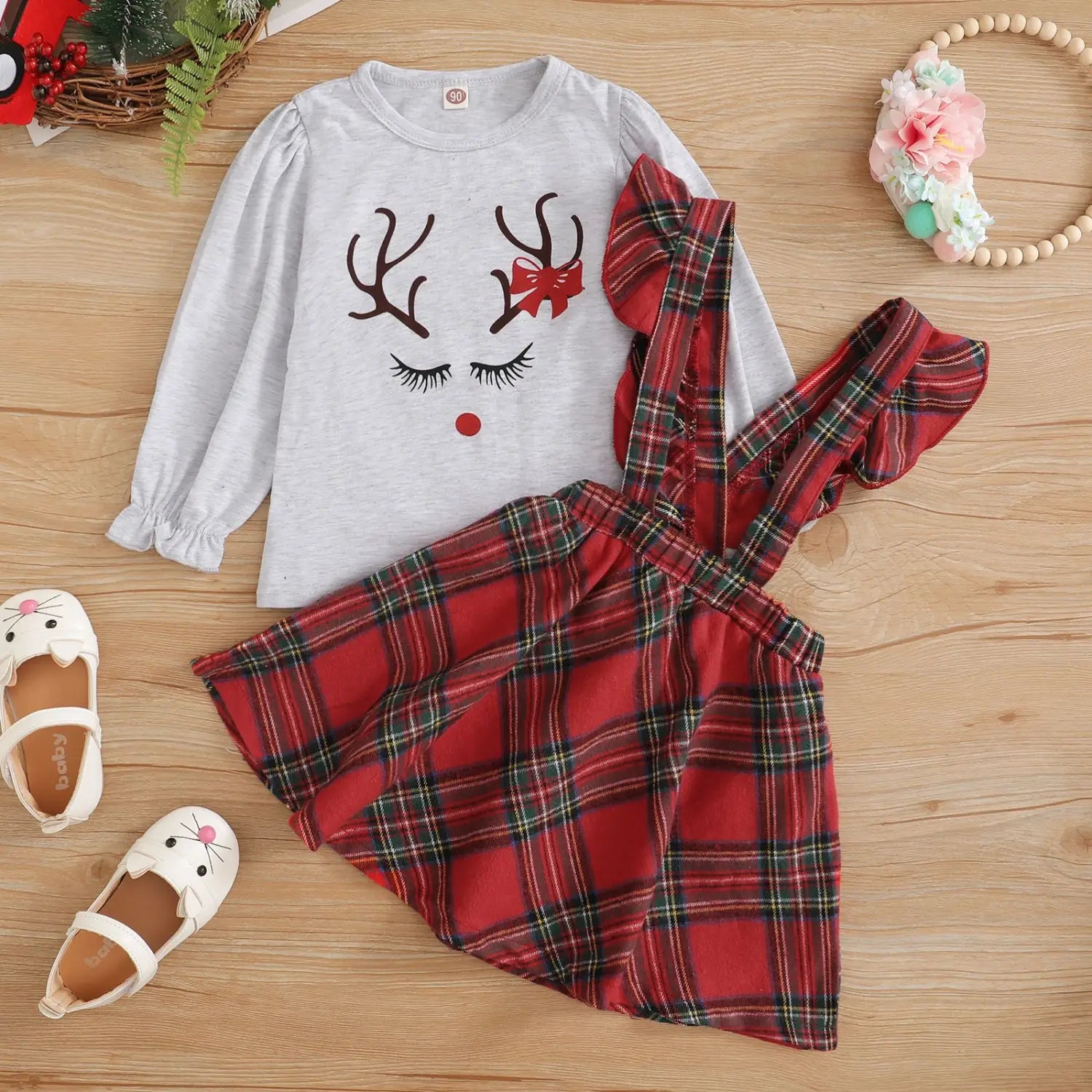 Christmas Style Long Sleeve Letter Print Check Overall Dress Girls Suit