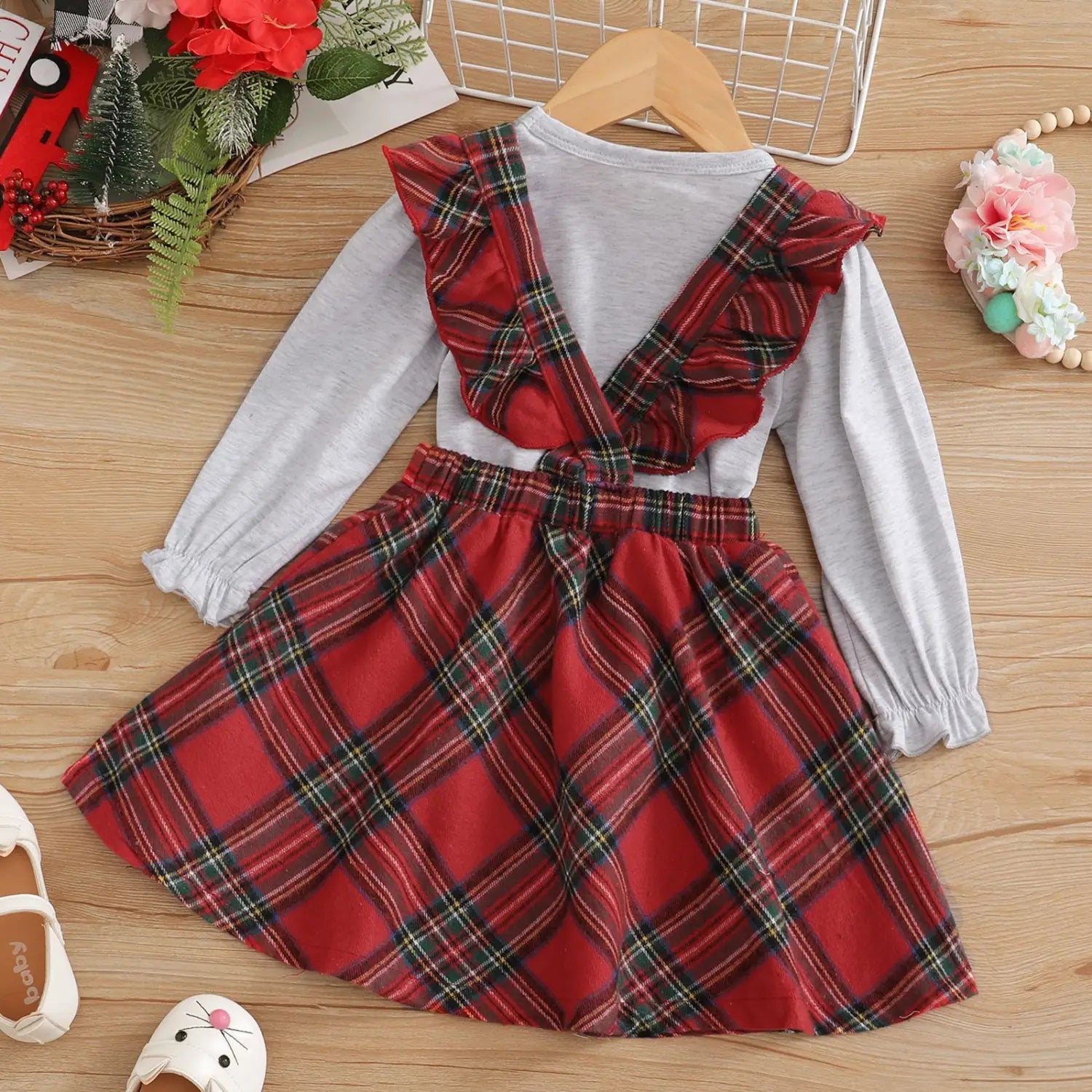 Christmas Style Long Sleeve Letter Print Check Overall Dress Girls Suit