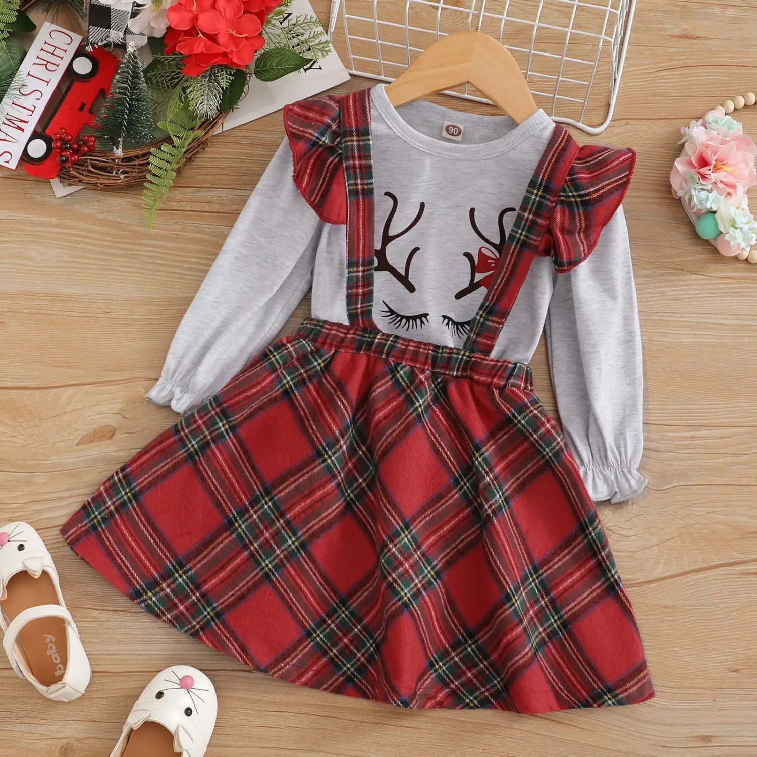 Christmas Style Long Sleeve Letter Print Check Overall Dress Girls Suit