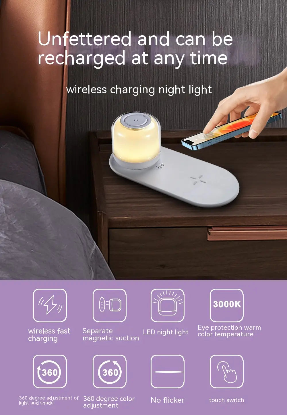Wireless Charging Night Light with Battery and US Compatibility for CHF Users