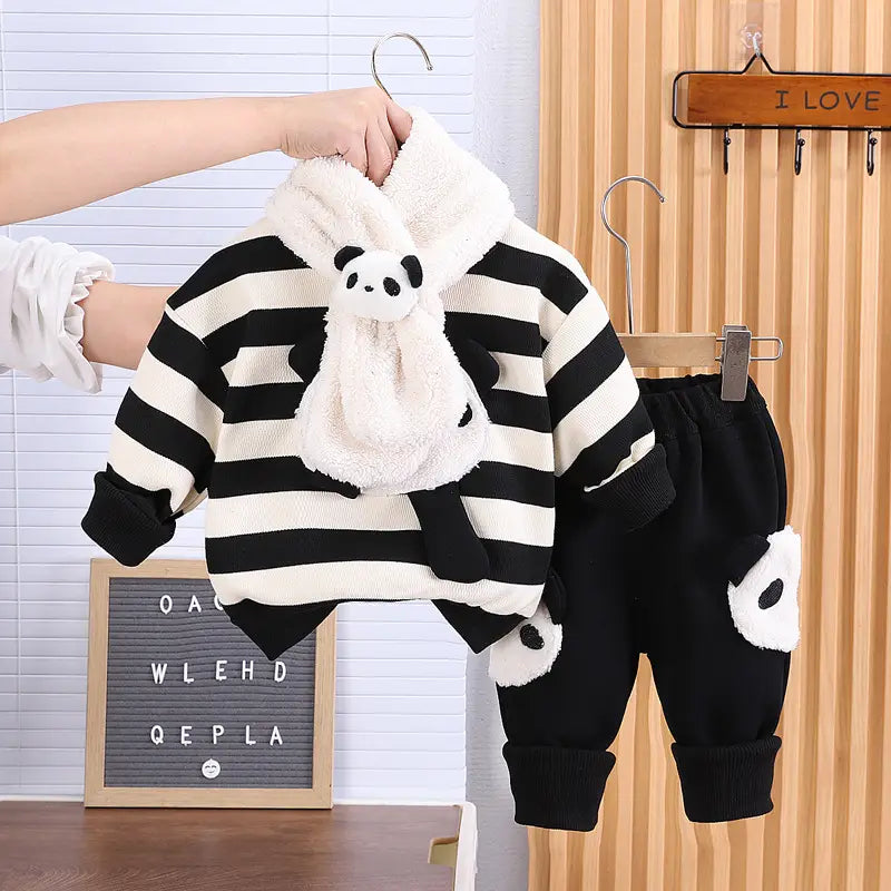 Fleece-lined Cartoon Cute Stripes Round Neck Sweater Suit