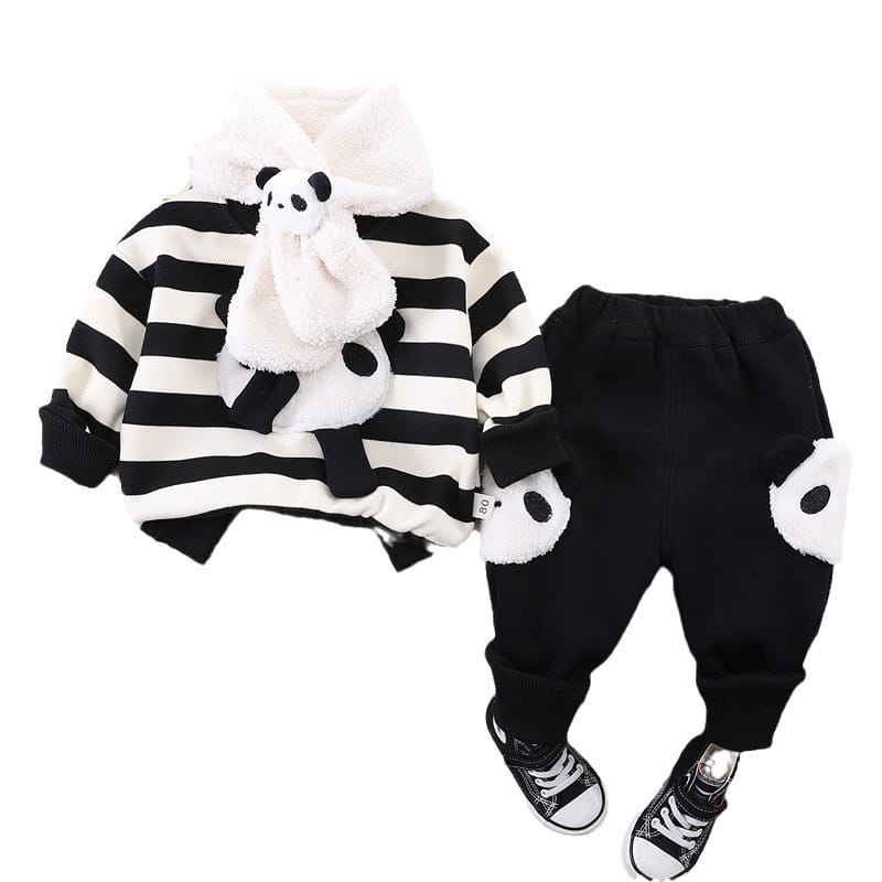 Fleece-lined Cartoon Cute Stripes Round Neck Sweater Suit