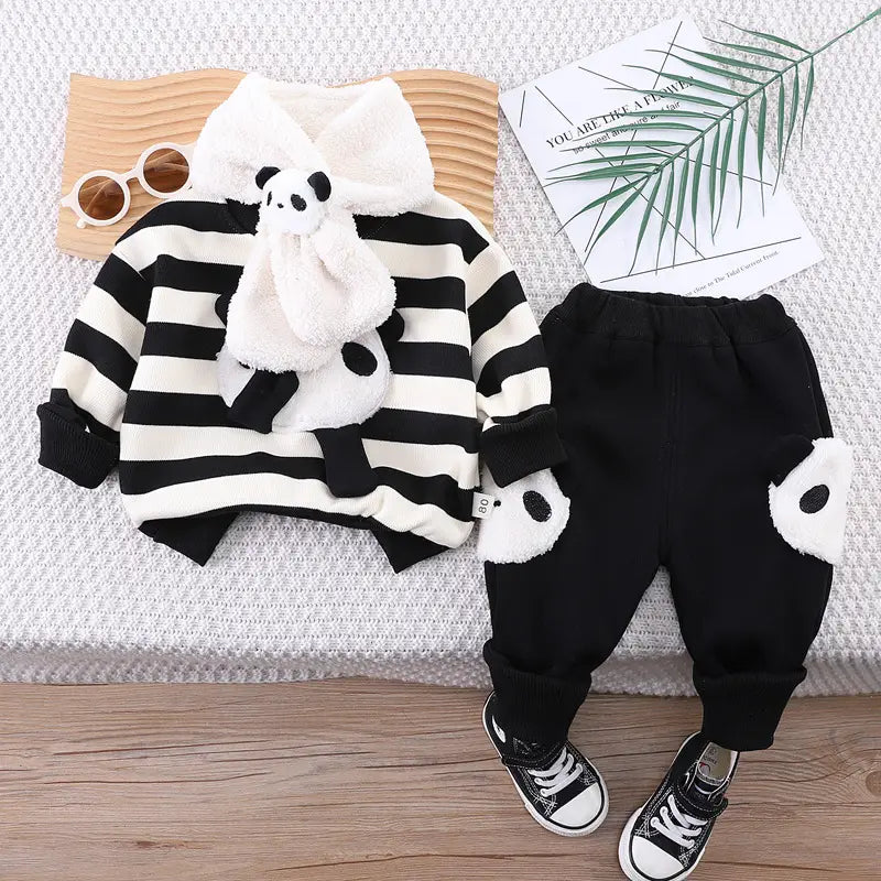 Fleece-lined Cartoon Cute Stripes Round Neck Sweater Suit