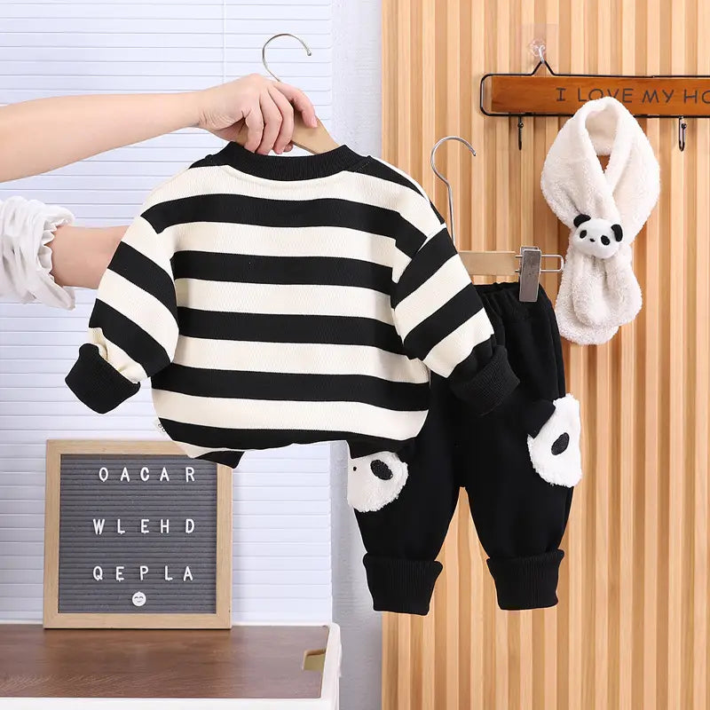 Fleece-lined Cartoon Cute Stripes Round Neck Sweater Suit