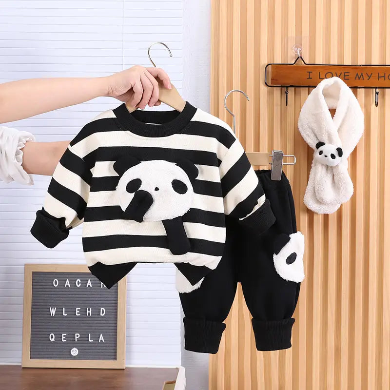 Fleece-lined Cartoon Cute Stripes Round Neck Sweater Suit