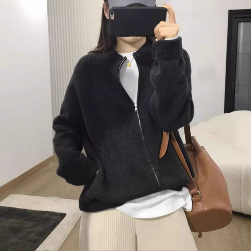 Tomgangsstil japansk koreansk casual glidelås cardigan løs strikket genser