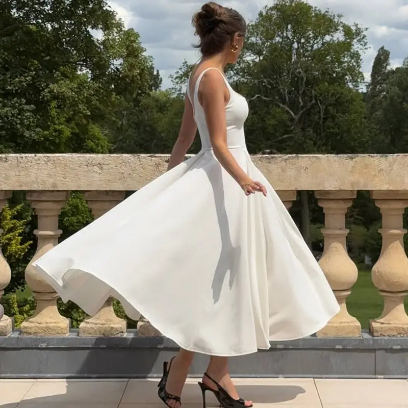 Sleeveless High Waist Midi Dress Milky White Black Blue Polyester S M L