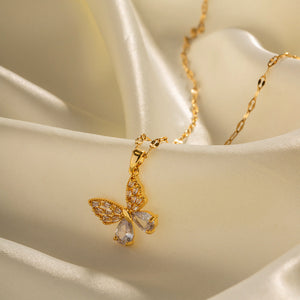 18K Gold Stainless Steel Inlaid White Zircon Butterfly Pendant Necklace - 18K Gold Stainless Steel Butterfly Pendant