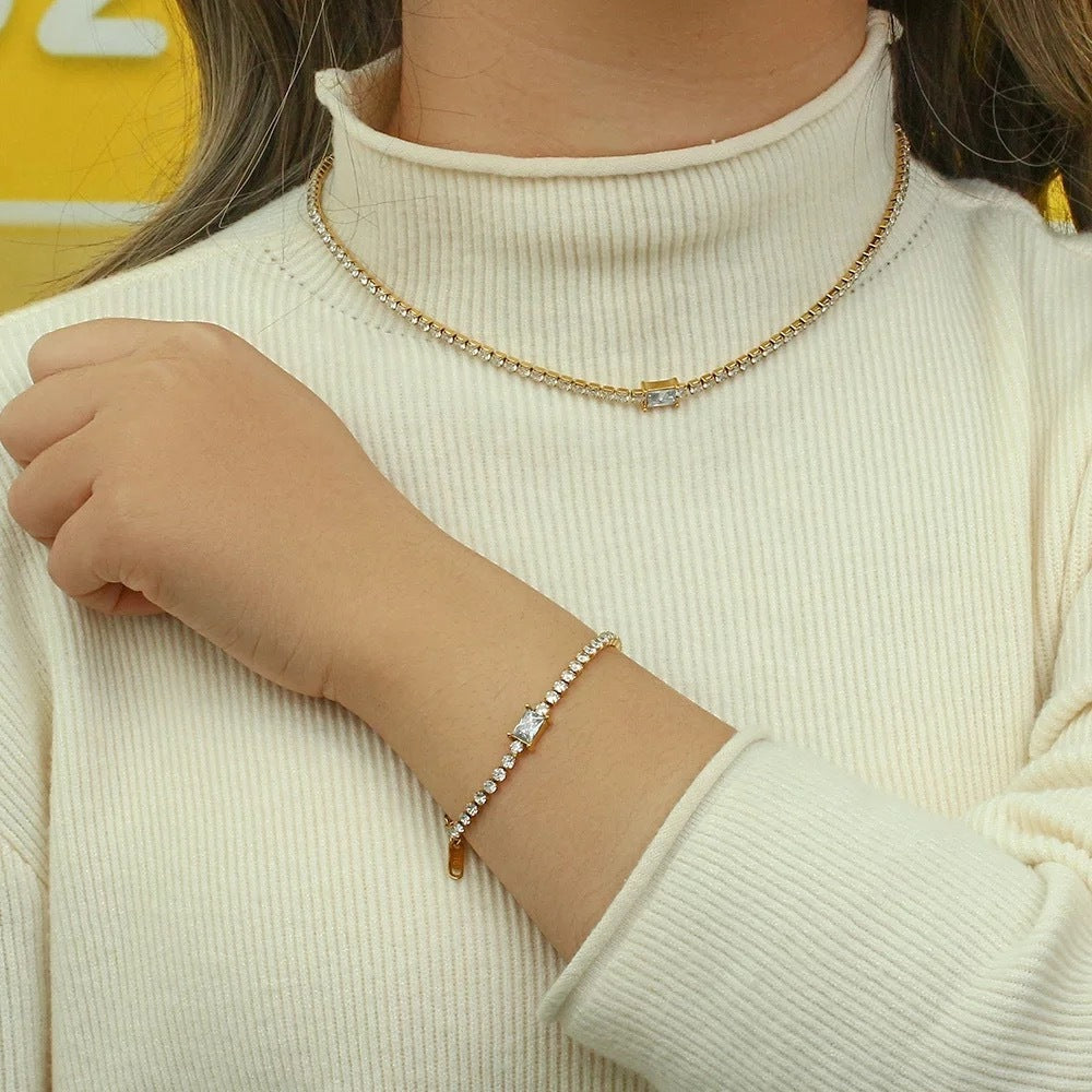 18K Real Gold Plated Square Zircon Tennis Chain Bracelet Necklace - 18K Gold Plated Titanium Steel Square Zircon