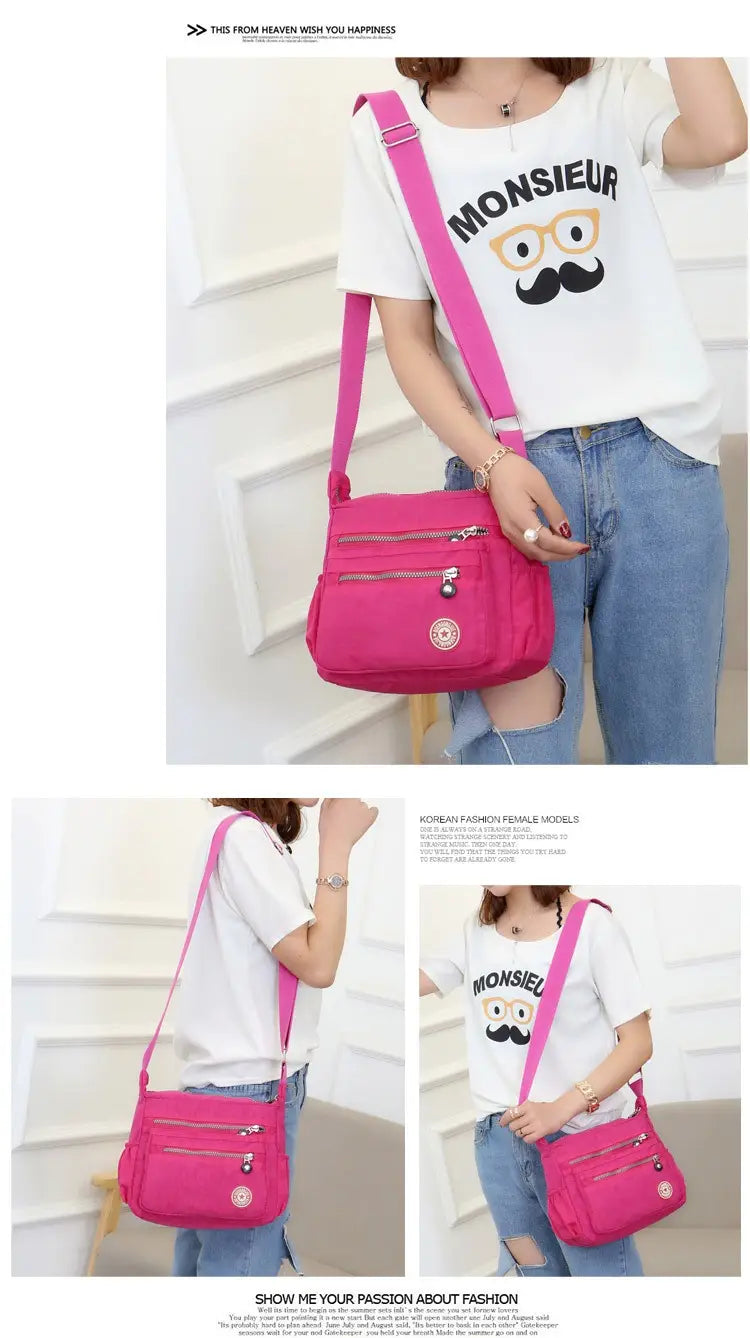 Nylon Travel Shoulder Bag with Zipper Pocket Crossbody Handbag for Women