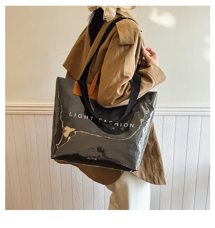 Kraft Paper Shoulder Bag Medium Square Tote in Neutral and Green Colors