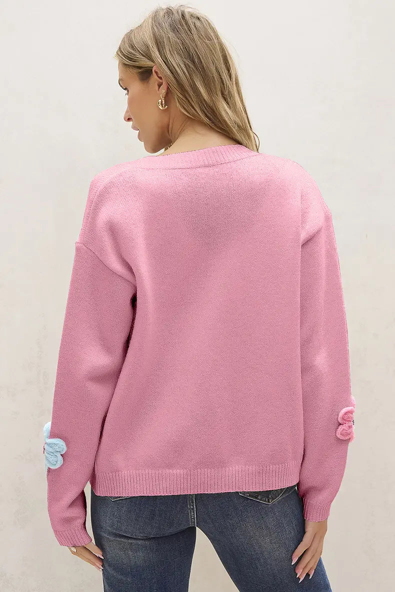 Różowy kwiatowy sweter z dzianiny 3D dla kobiet luźne akrylowe sweter do xl