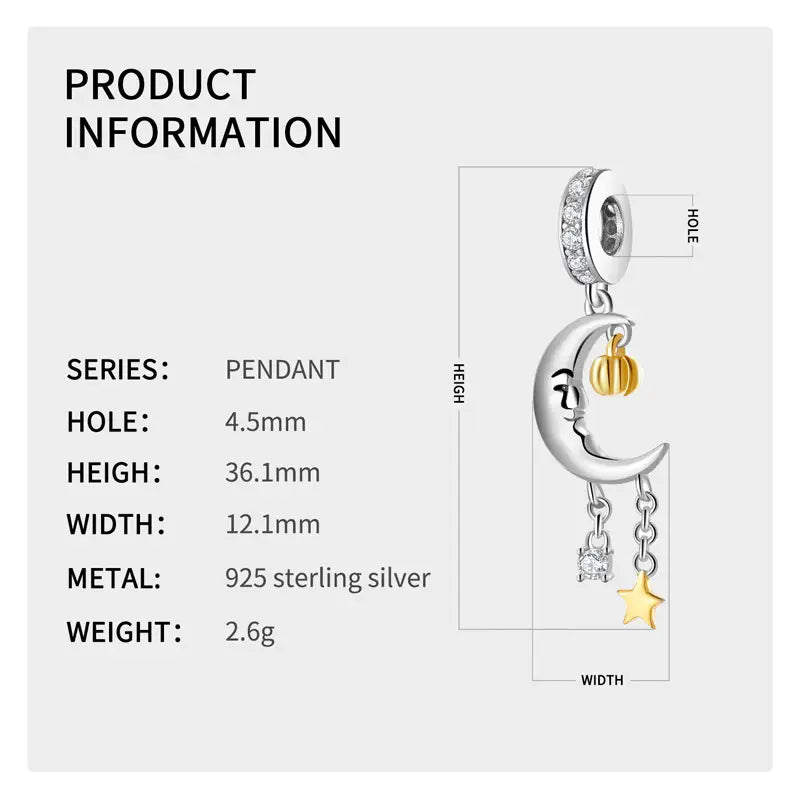 Moon Hanging Pumpkin Beads Halloween Series 925 Sterling Silver Pendant Bracelet Diy Accessories