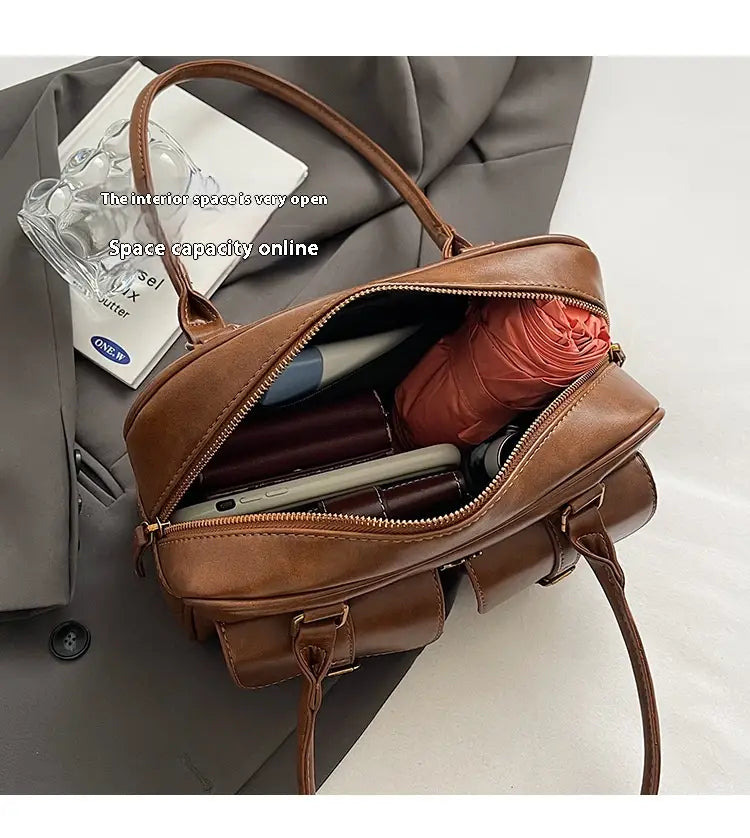 Geanta de umăr din piele PU cu buzunar cu fermoar și design splicing pentru femei