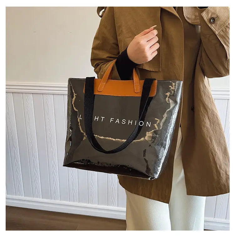 Kraft Paper Shoulder Bag Medium Square Tote in Neutral and Green Colors