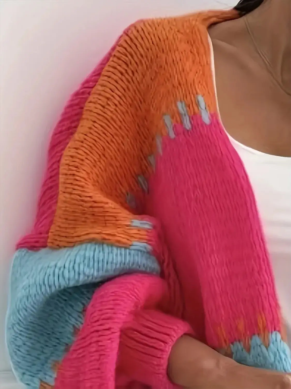 Couleur de contraste Couleur rétro Cardigan Lantern Sweater artistique pour les femmes