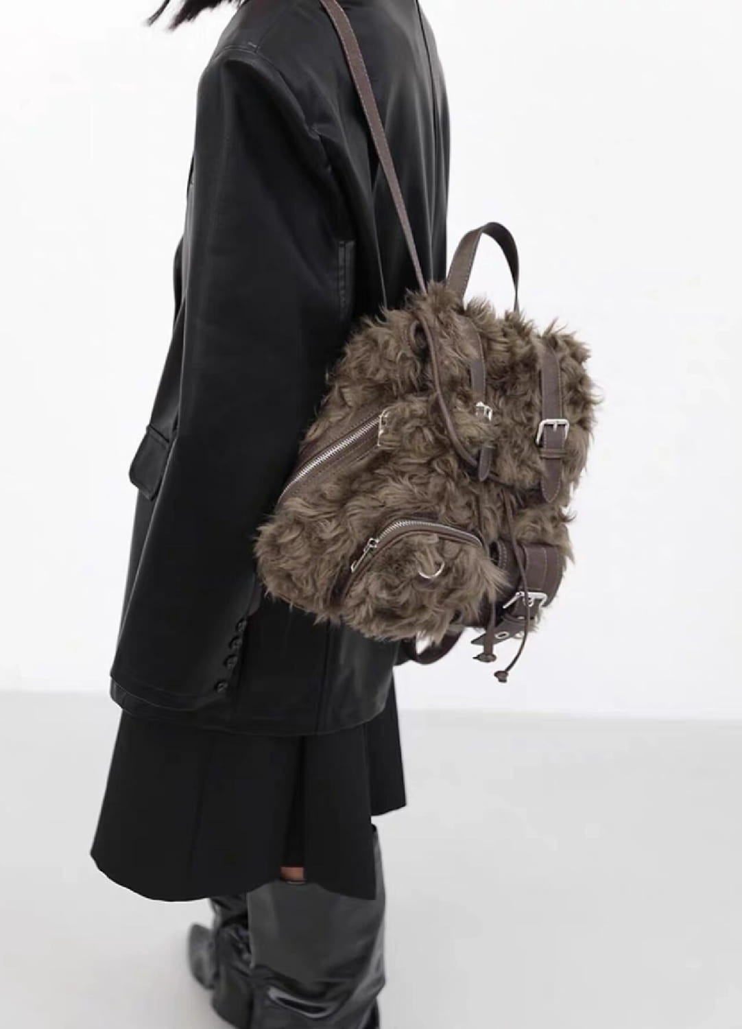 Brown Plush Retro Backpack Bag with Large Capacity for Daily