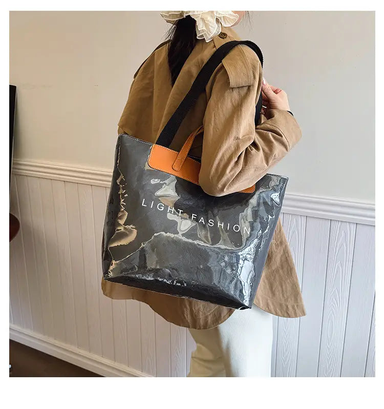 Kraft Paper Shoulder Bag Medium Square Tote in Neutral and Green Colors