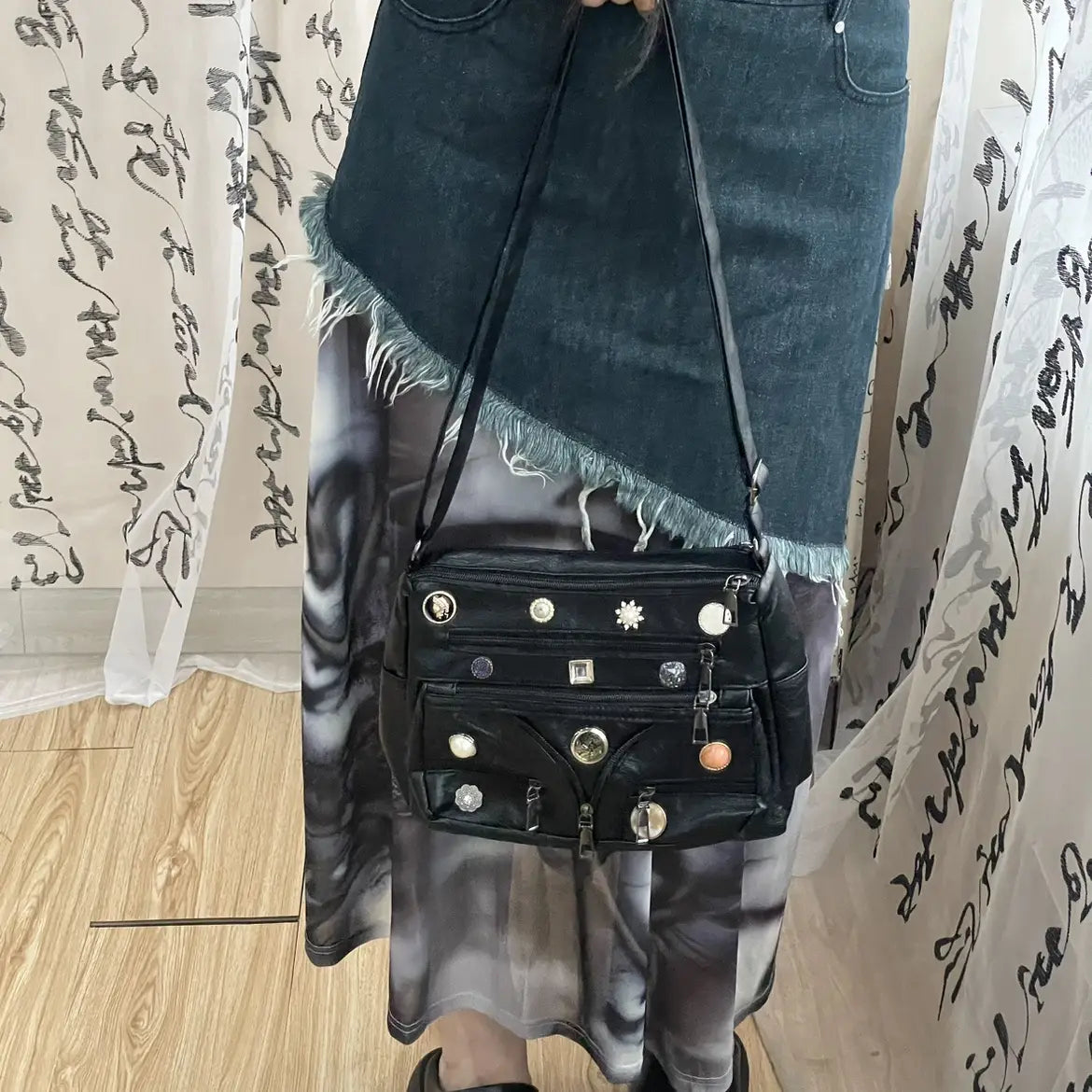 Washed Shoulder Messenger Bag with Vintage Button and Soft PU Lining