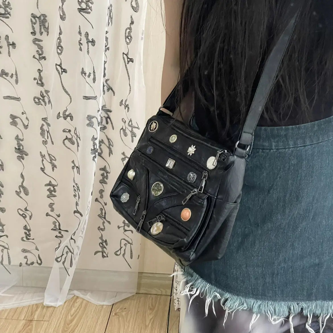 Washed Shoulder Messenger Bag with Vintage Button and Soft PU Lining