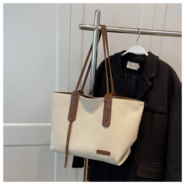 Canvas Shoulder Bag Large Oxford Tote Black Brown Double Strap for Travel Work