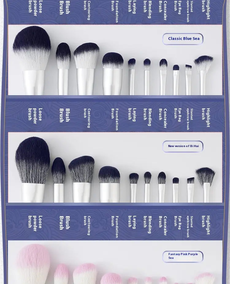 Makeup Brush Suit 10 Piece Set with Bag 14.5cm Length Blue Artificial Fiber