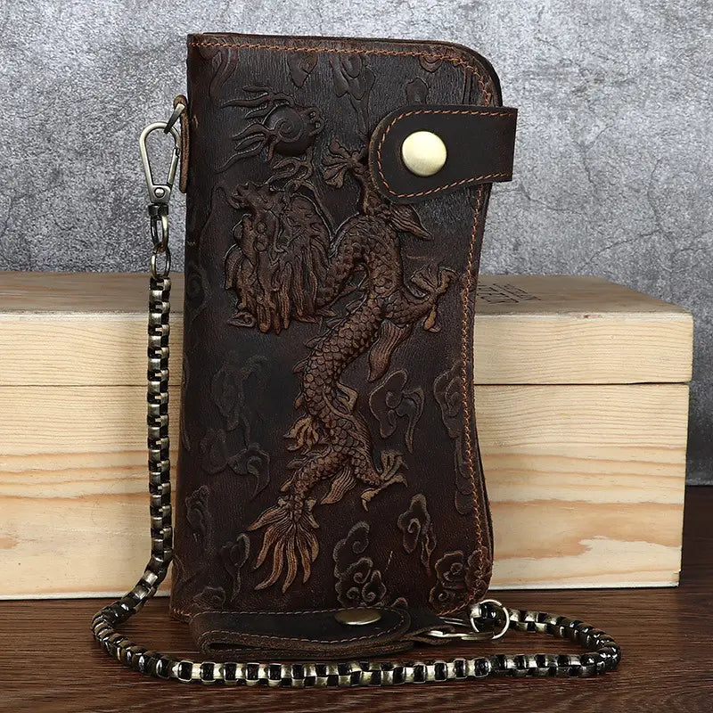 Crazy Horse Leather Wallet with Dragon Pattern for Men in the United States