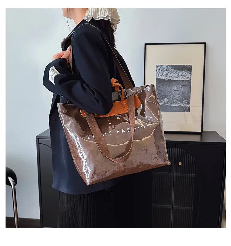 Kraft Paper Shoulder Bag Medium Square Tote in Neutral and Green Colors