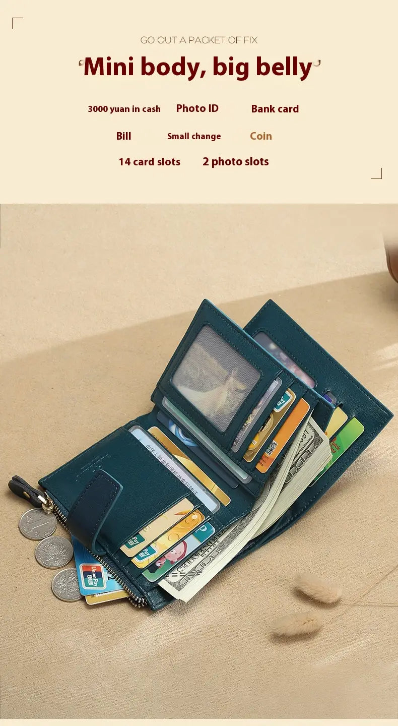 Sparán na mBan leathair gorm le sliotán cárta frith-ghoid agus líneáil poileistir