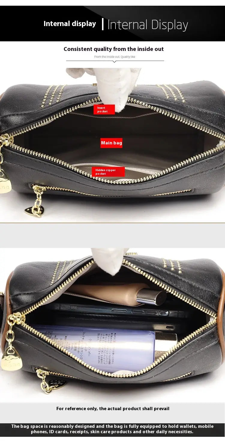 Color Contrast Patchwork Rivet Crossbody Bag with Soft Leather Shoulder Strap