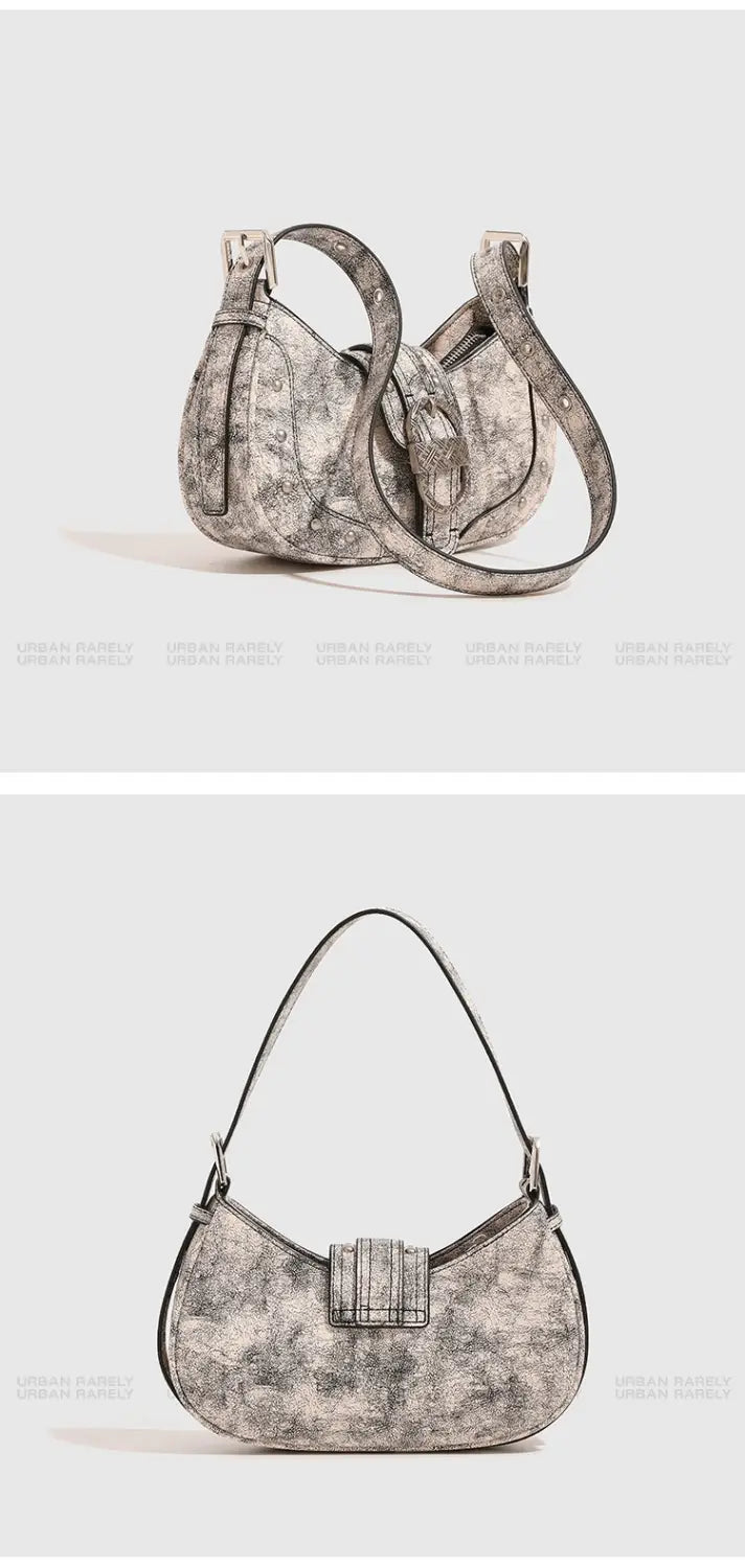 Oil Wax Leather Bag with Rivets Flap Shoulder and Sandwich Pocket