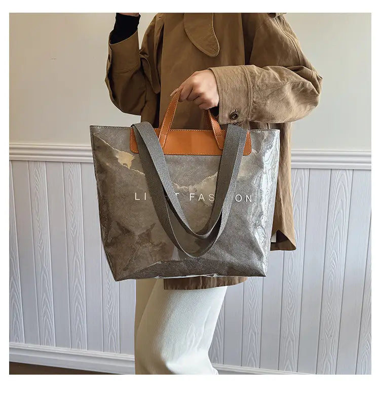 Kraft Paper Shoulder Bag Medium Square Tote in Neutral and Green Colors