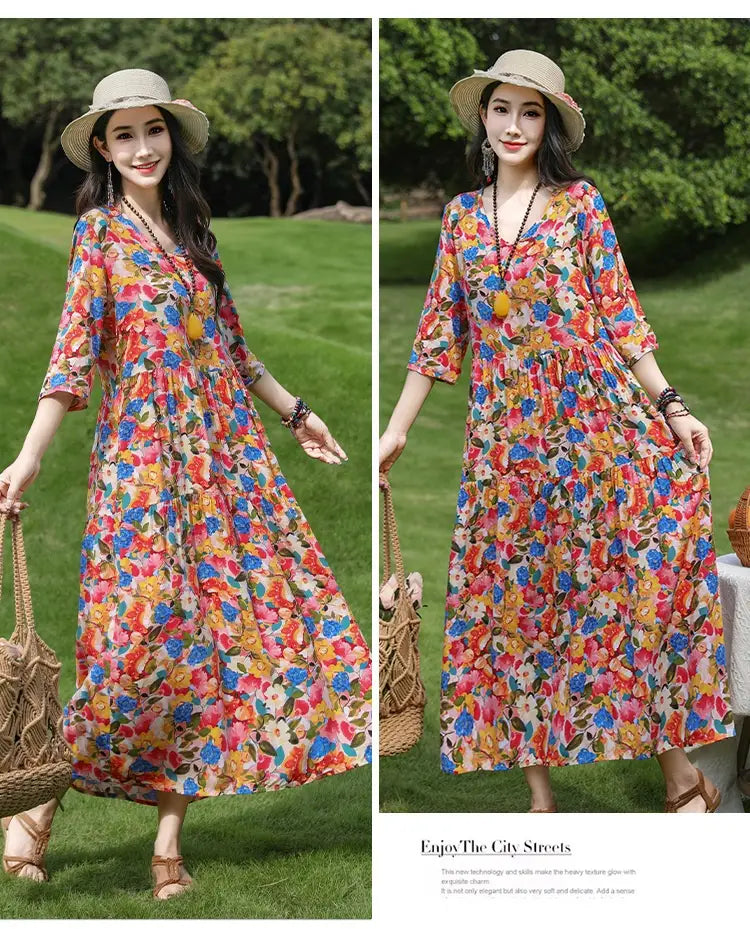 Plus-kokoinen Retro Art A-Line MIDI -hame Viscoosi Lyhythihainen mekko Naiset