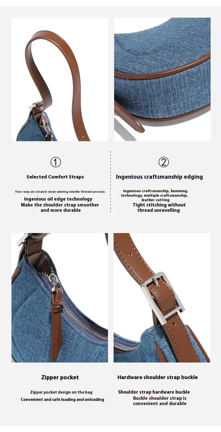 Denim Blue Oxford Cloth Shoulder Bag Medium Dumpling Tote Travel Handbag