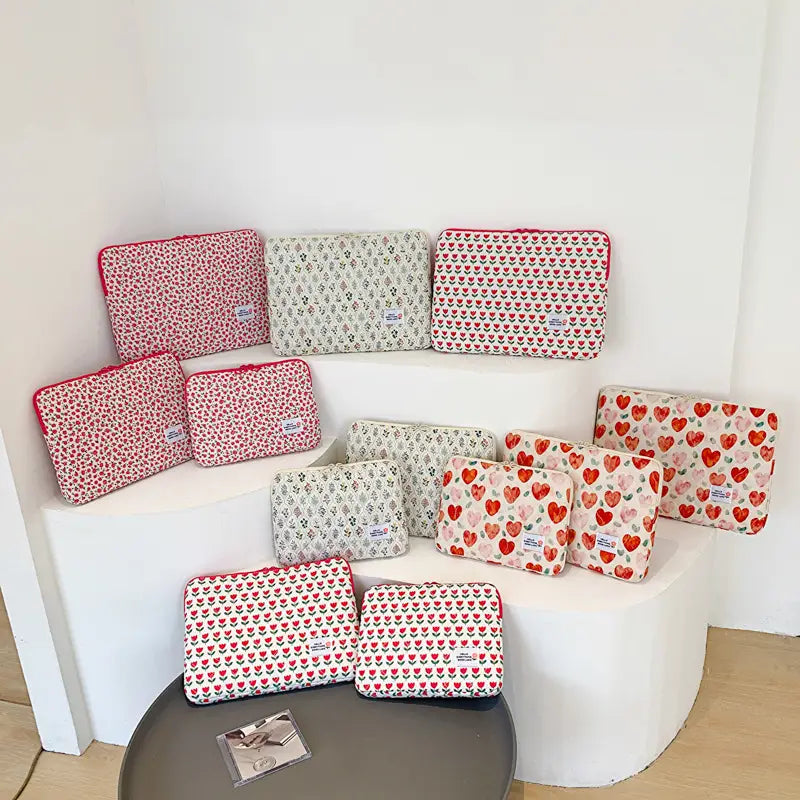 Pungă de depozitare florală pungă de pânză respirabilă cu flori verzi și designuri ale inimii roșii