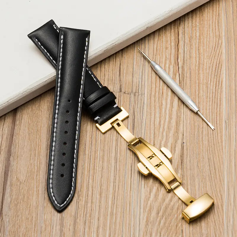 Unisex Double-sided Head Layer Cowhide Buckle Type Leather Watch Strap Bow Buckle Premium Needle Pattern