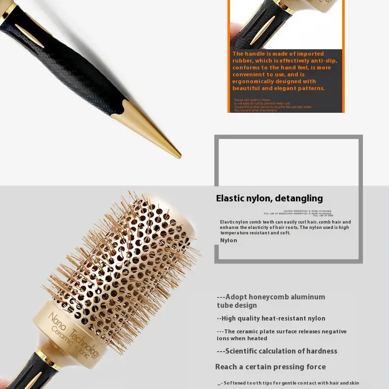Golden Nylon Wool Ceramic Tube Rolling Comb with Pointed Tail for Hair Styling