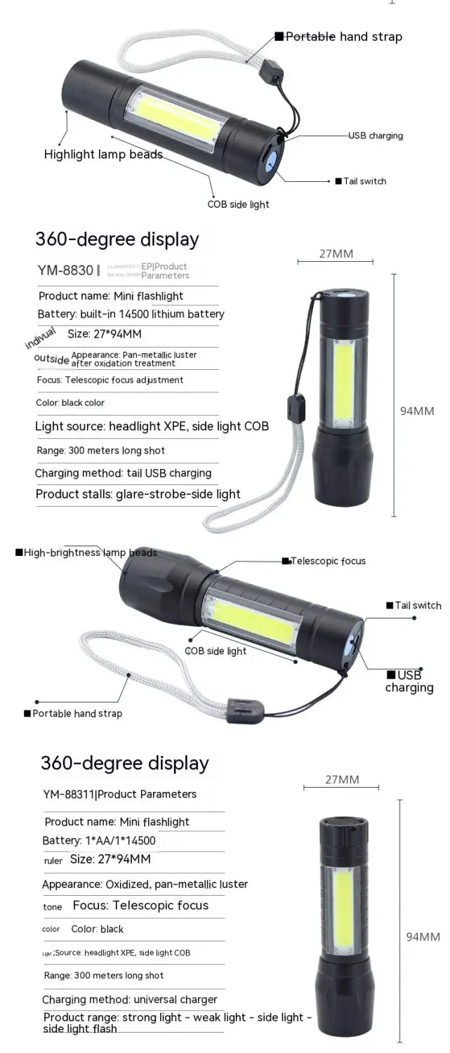 Mini USB Power Aluminum Alloy Torch with Zoom COB Flashlight for Outdoor