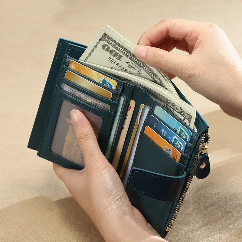 European Retro Coin Purse with Genuine Leather and Anti-Theft Card Slot