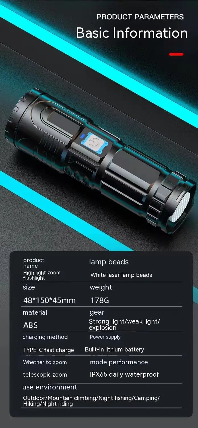 Outdoor Household Hiking USB Charging Power Torch with Telescopic Zoom