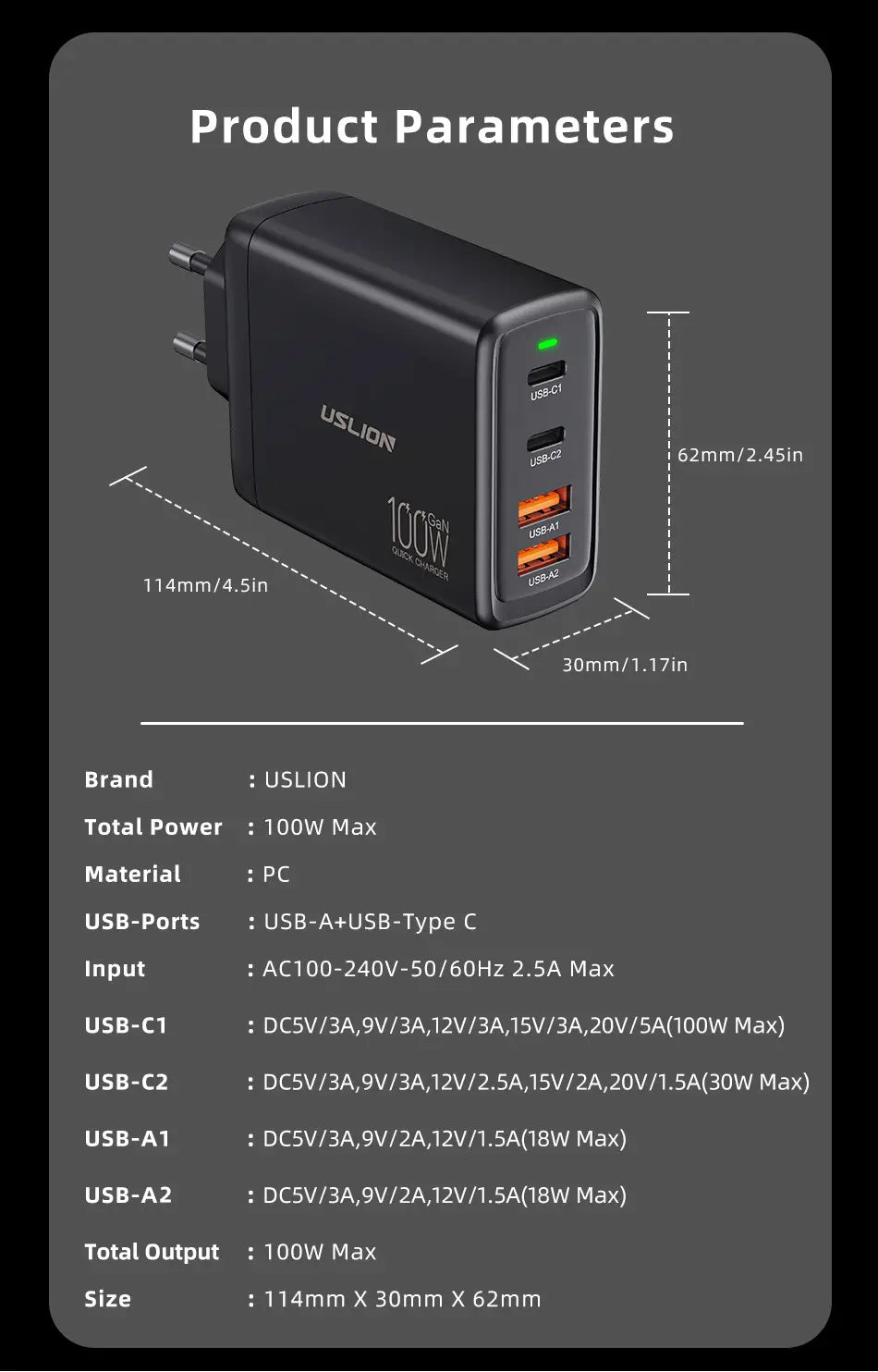 100W Gallium Nitride 4-port Fast Charging Charger