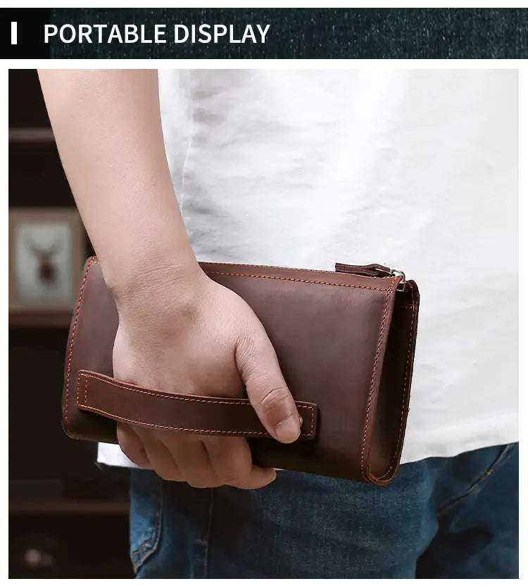 Retro Men’s Leather Clutch with Phone Wallet and Hand Held Design